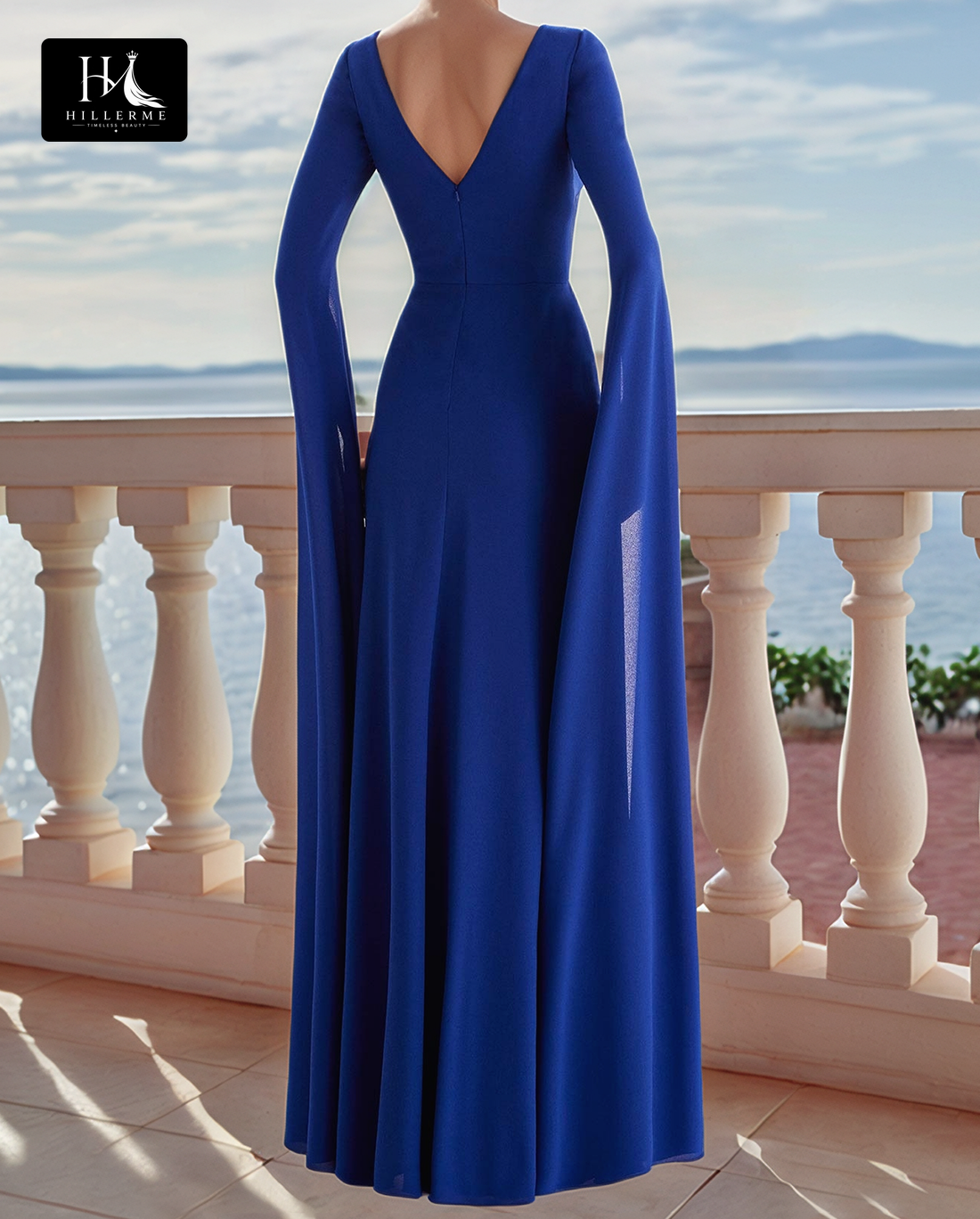 Scoop-Neck Fitted Mother of the Bride Gown with Pleated Chiffon Floor-Length Sleeves