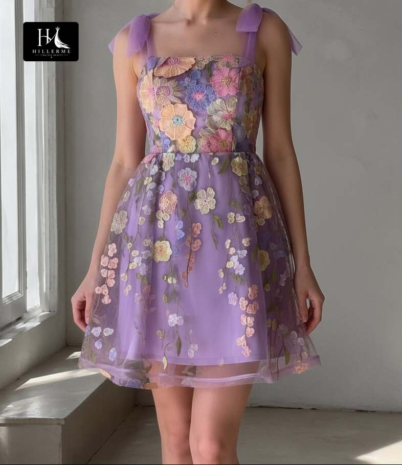 Pastel Floral Embroidered Tulle Mini Dress with Bow-Tie Straps