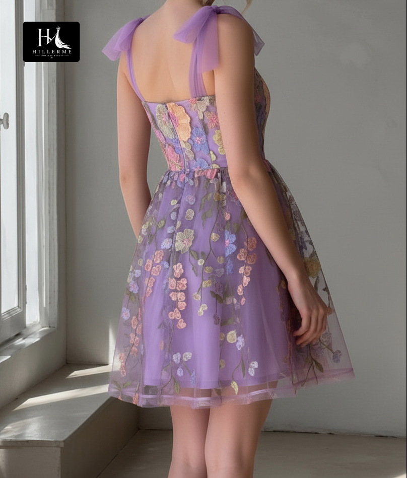 Pastel Floral Embroidered Tulle Mini Dress with Bow-Tie Straps