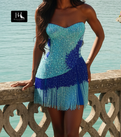Strapless Corset Mini Dress with Beaded Asymmetrical Fringe