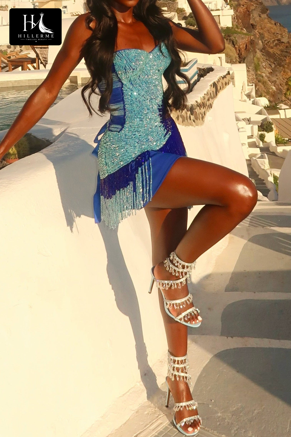 Strapless Corset Mini Dress with Beaded Asymmetrical Fringe