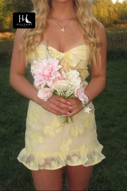 Strapless Mini Dress with Floral Jacquard and Front Bow Detail