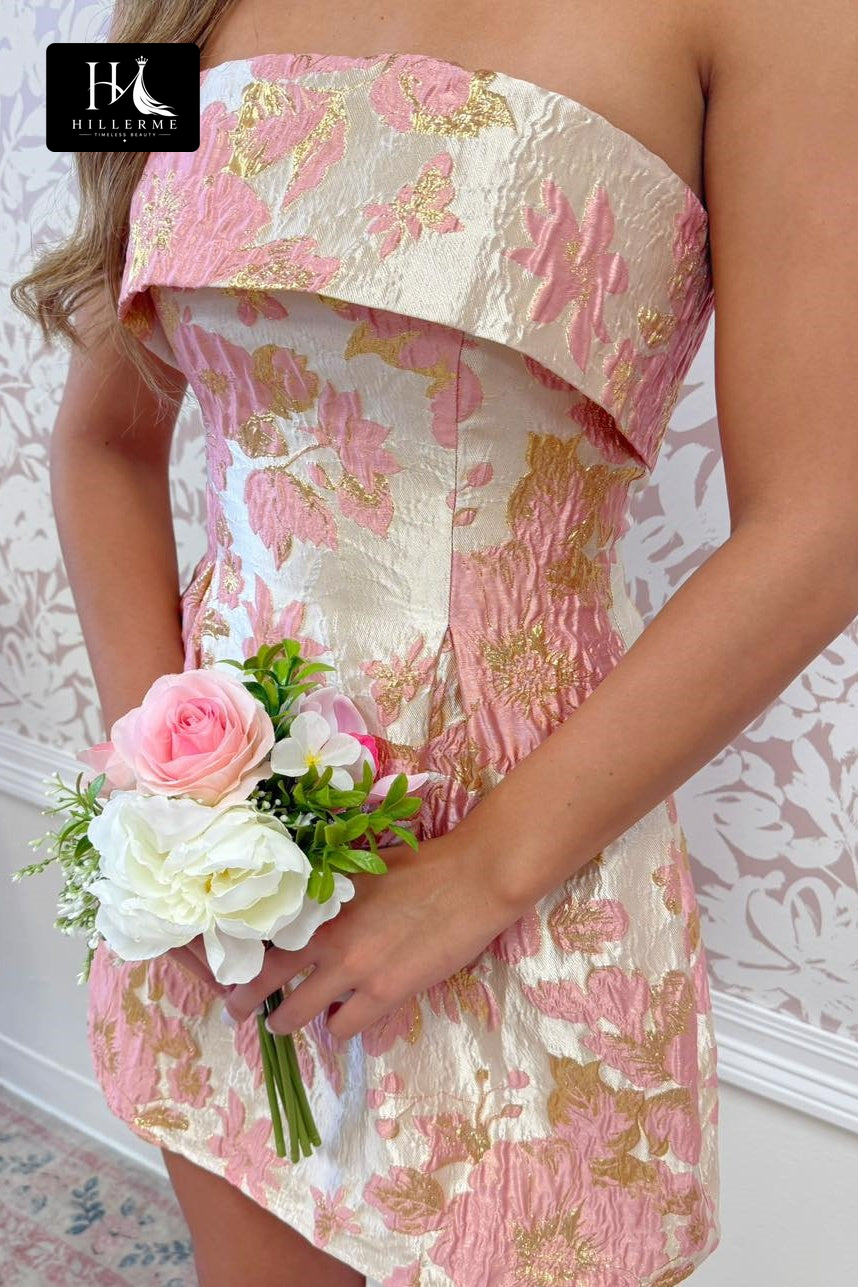 Strapless Foldover Metallic Floral Jacquard Mini Dress