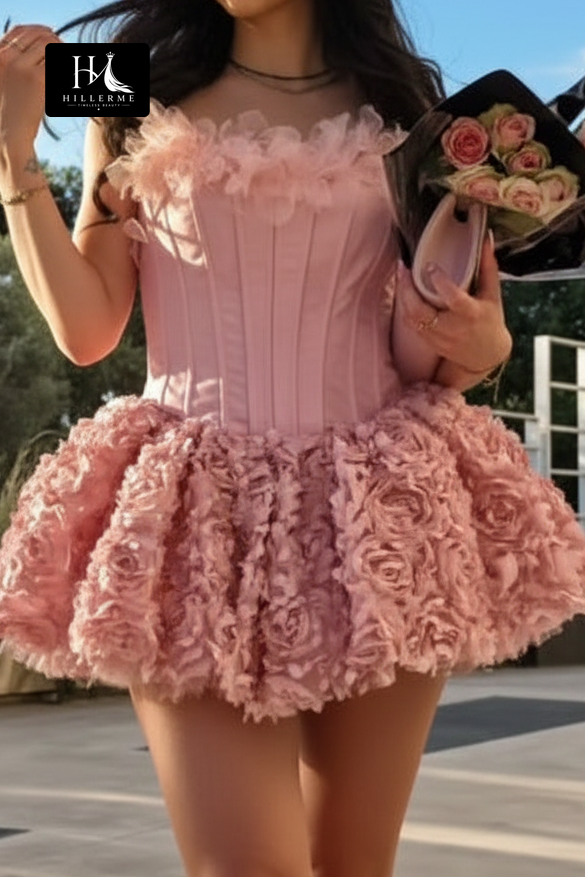 Strapless Corset Mini Dress with 3D Floral Rosette Skirt