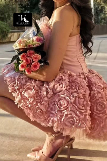 Strapless Corset Mini Dress with 3D Floral Rosette Skirt