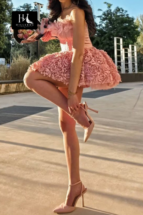 Strapless Corset Mini Dress with 3D Floral Rosette Skirt