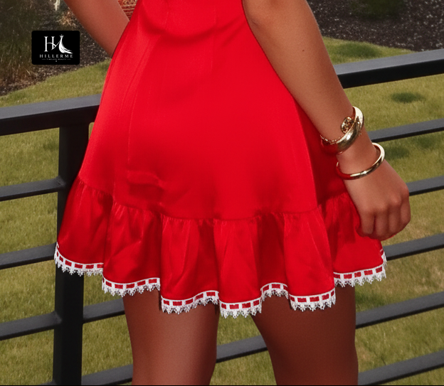 Ruffled Mini Dress with Geometric Lace Trim and Sweetheart Neckline