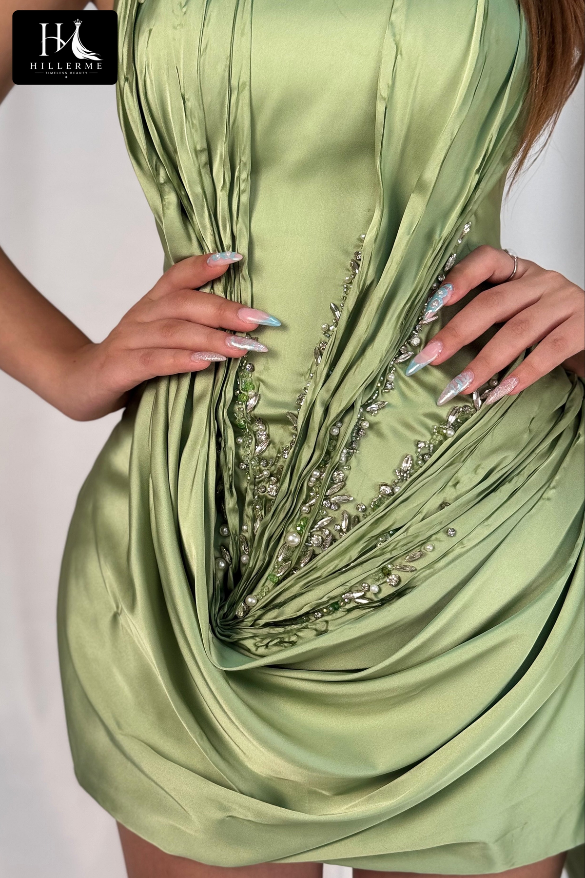 Asymmetrical Draped Satin Mini Dress with Beaded Accents