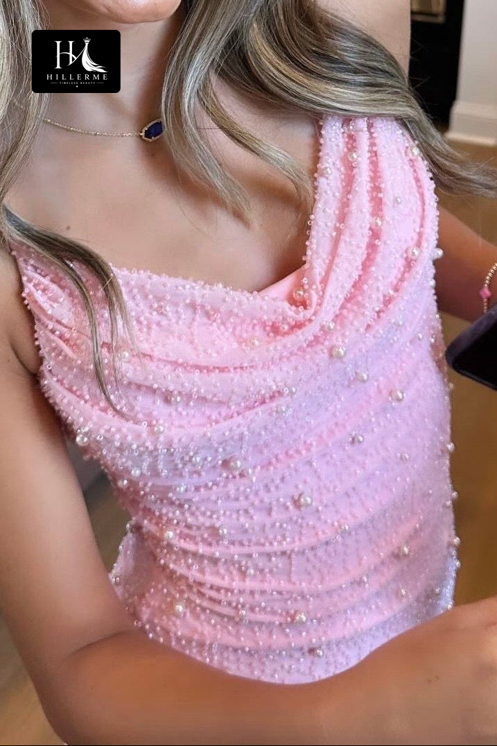 Faux Pearl-Adorned Cowl Neck Mini Dress with Beaded Detailing