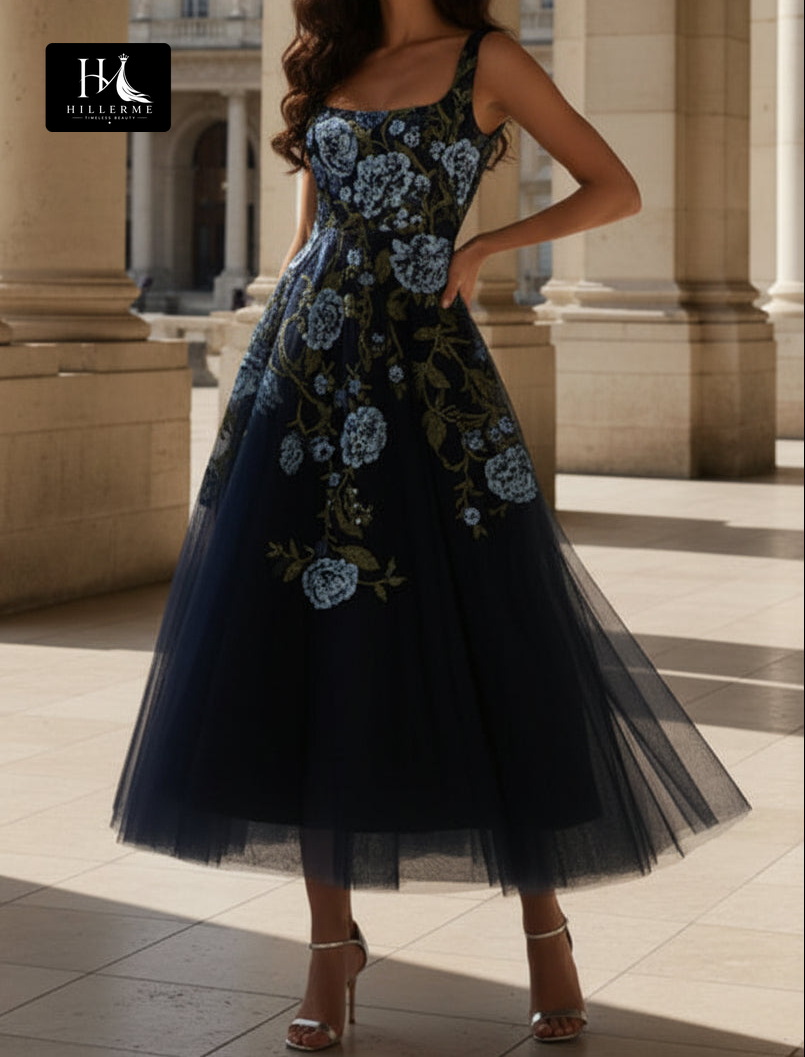 Botanical Embroidered Tulle A-Line Tea-Length Dress