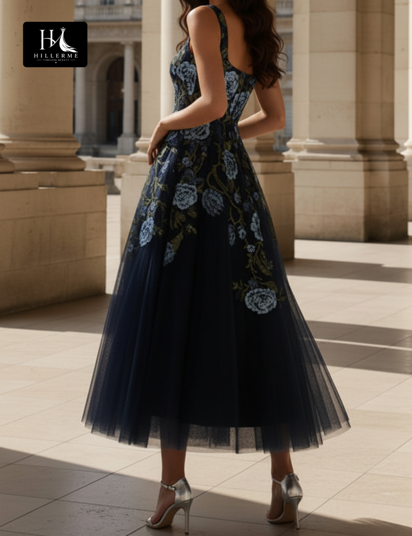Botanical Embroidered Tulle A-Line Tea-Length Dress