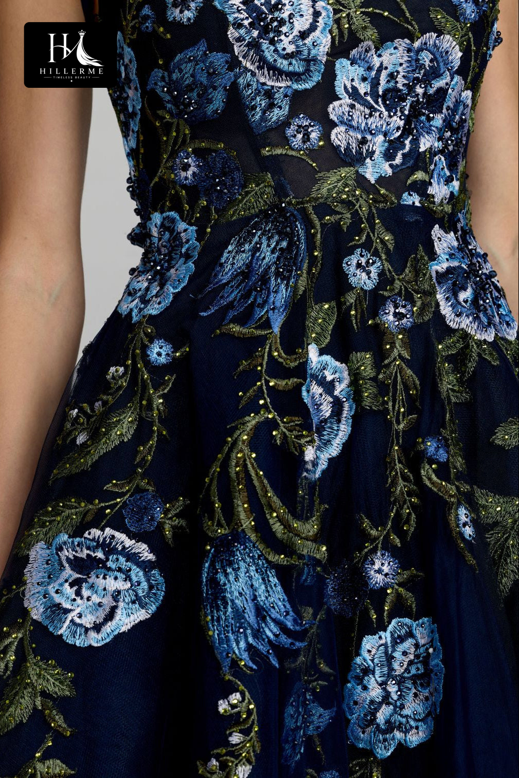 Botanical Embroidered Tulle A-Line Tea-Length Dress