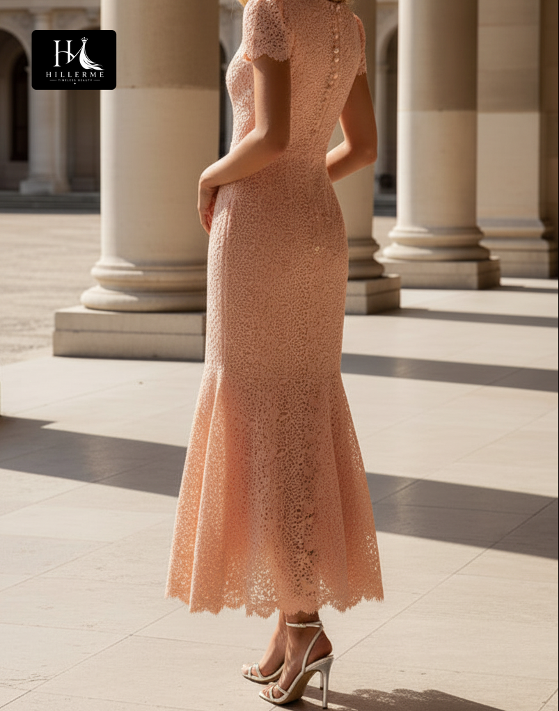 Crystal-Embellished Short Sleeve Trumpet Midi Dress in Lace