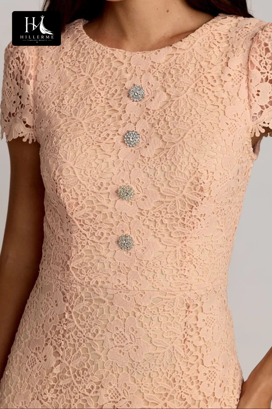 Crystal-Embellished Short Sleeve Trumpet Midi Dress in Lace