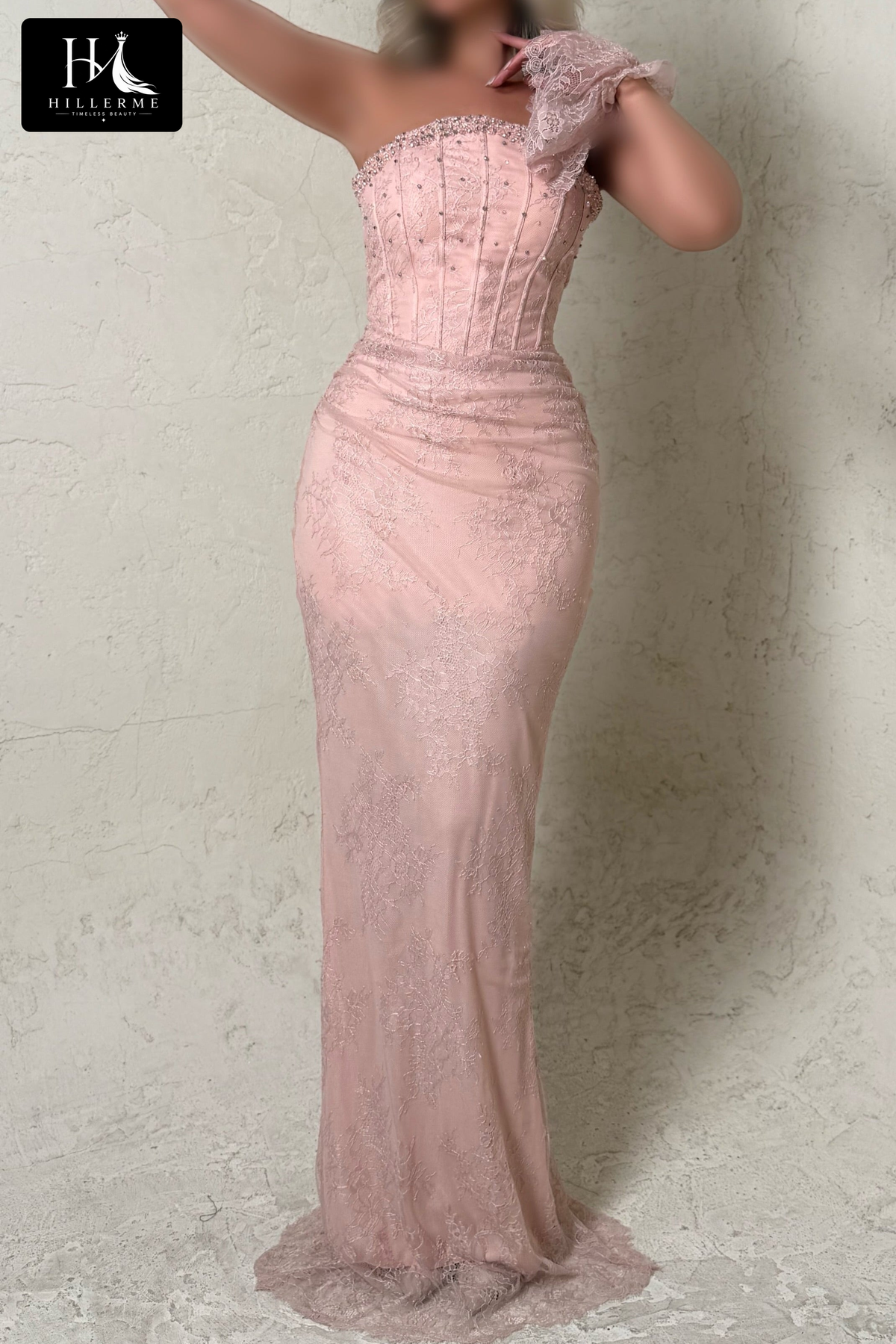 Floor-Length Lace Evening Gown with Beaded Asymmetrical Neckline and Corset Bodice
