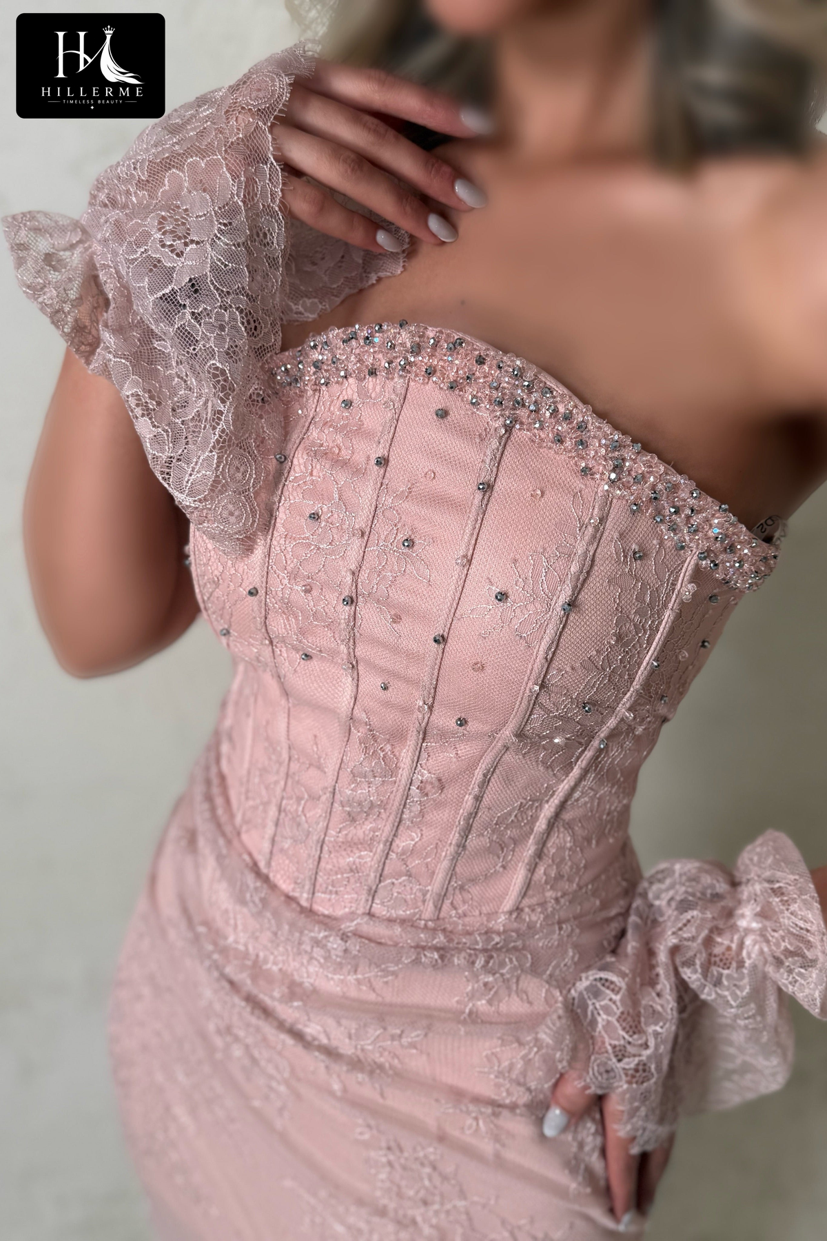 Floor-Length Lace Evening Gown with Beaded Asymmetrical Neckline and Corset Bodice