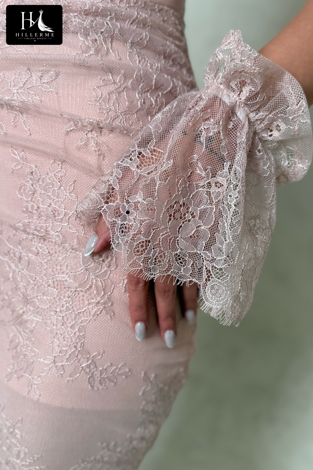 Floor-Length Lace Evening Gown with Beaded Asymmetrical Neckline and Corset Bodice
