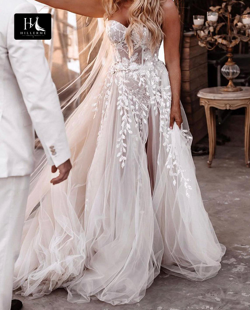 Bohemian Sweetheart A-line Wedding Dress with Lace Appliques and Slit