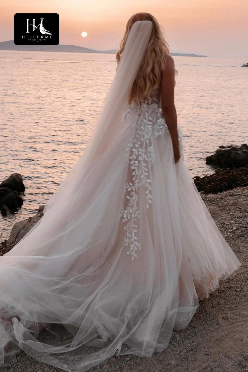 Bohemian Sweetheart A-line Wedding Dress with Lace Appliques and Slit