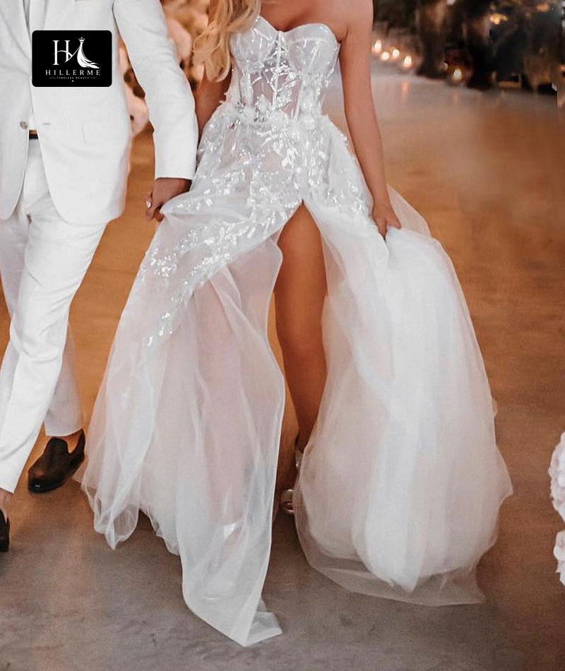 Bohemian Sweetheart A-line Wedding Dress with Lace Appliques and Slit