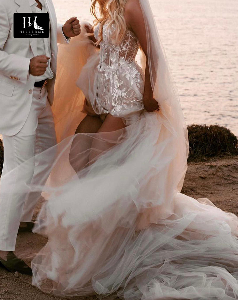 Bohemian Sweetheart A-line Wedding Dress with Lace Appliques and Slit