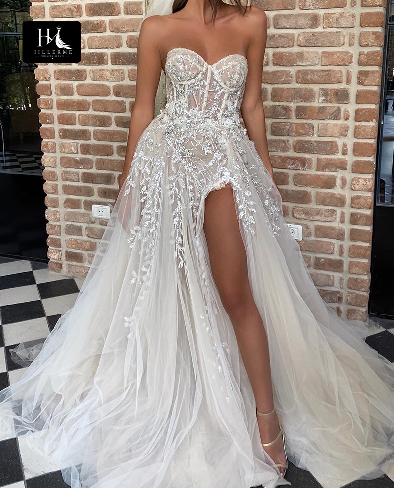 Bohemian A-line Wedding Dress with Sweetheart Neckline and Applique Details