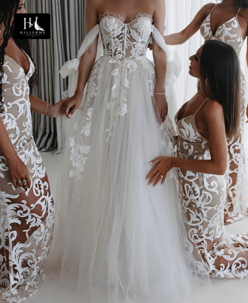 Bohemian A-Line Wedding Dress with Sweetheart Neckline and Lace Appliqués