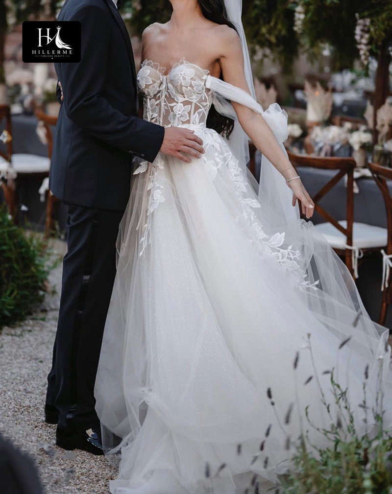 Bohemian A-Line Wedding Dress with Sweetheart Neckline and Lace Appliqués