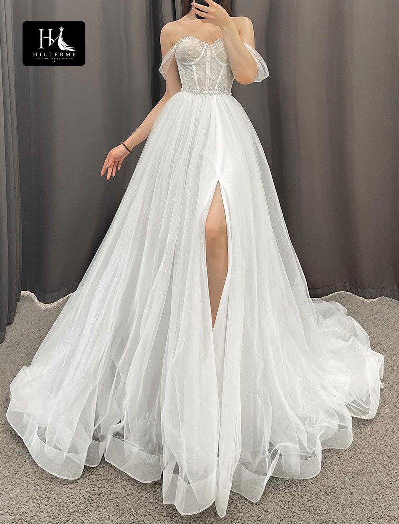 A-Line Sweetheart Bridal Gown with Beaded Detailing and Slit Design