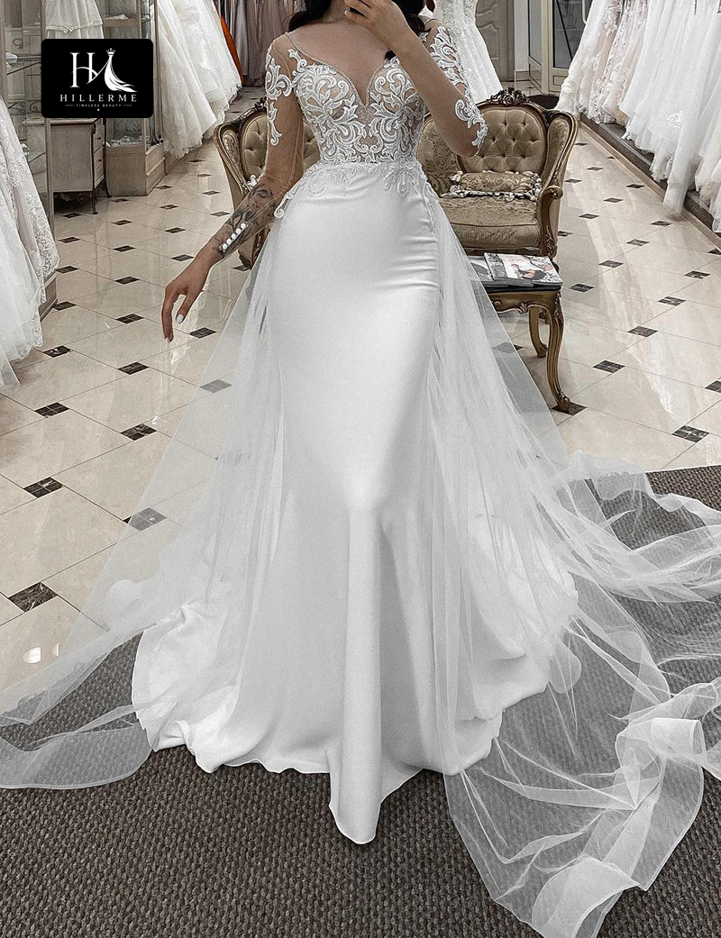V-Neck Mermaid Wedding Dress with Lace Appliqués