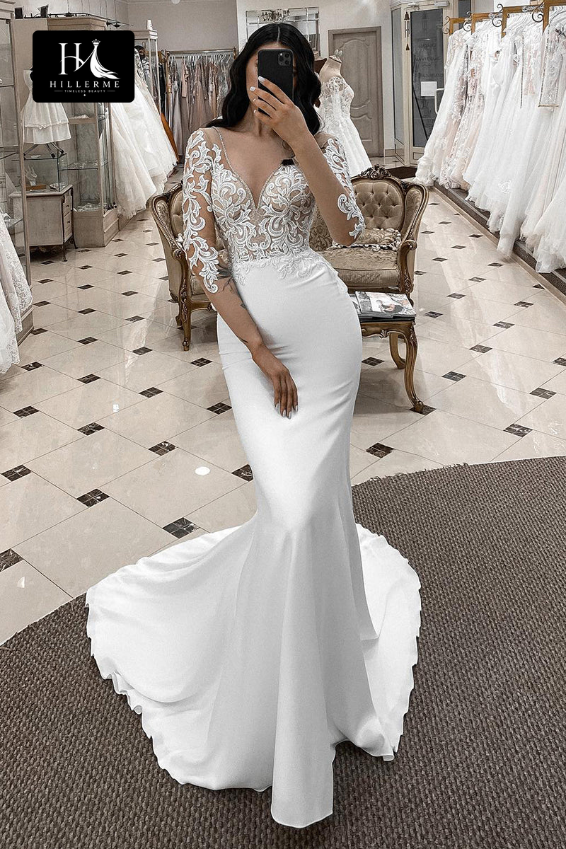 V-Neck Mermaid Wedding Dress with Lace Appliqués