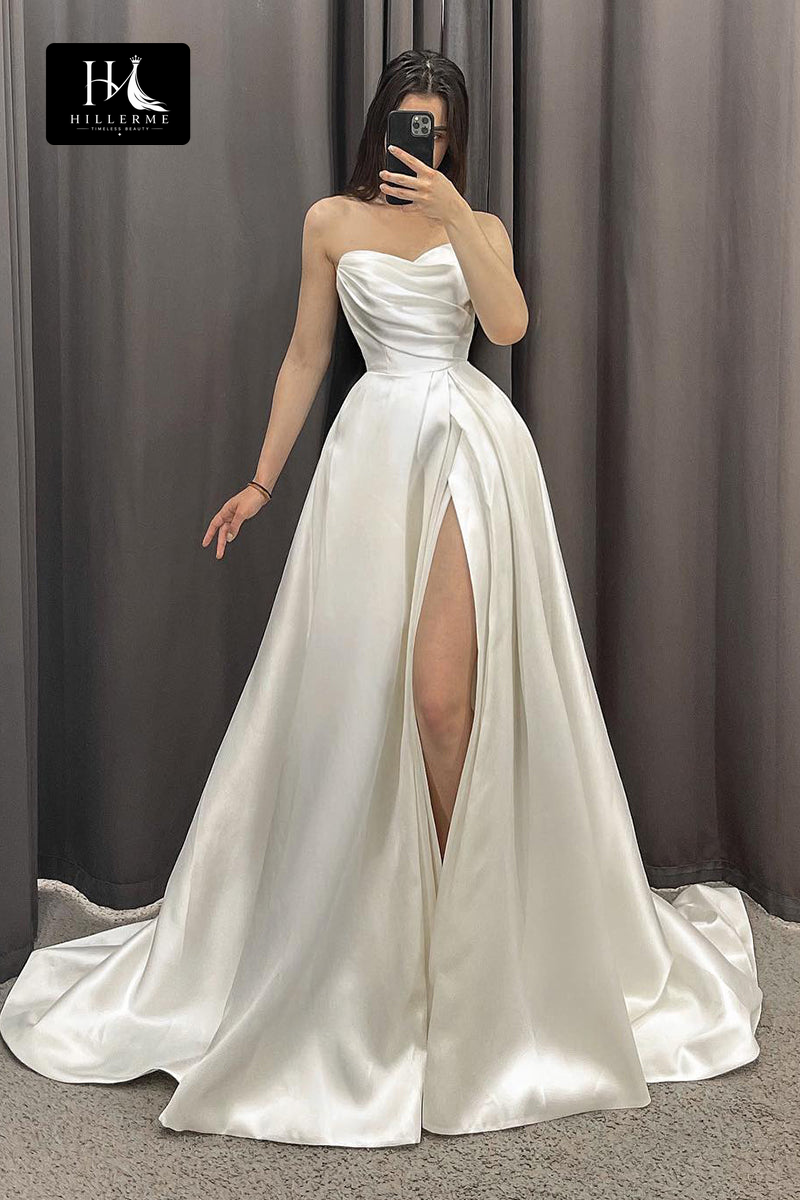 Strapless A-Line Satin Wedding Dress with High Split and Pleated Details