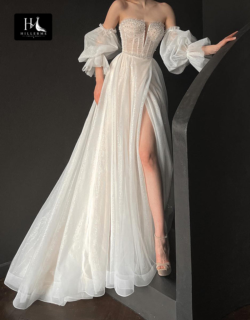 30527 - Plunging V-Neck Bohemian Wedding Dress with Short Sleeves and Beaded Details