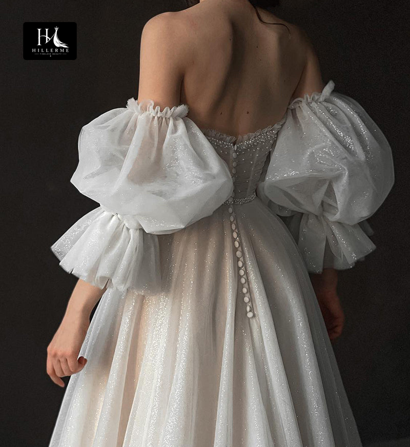 30527 - Plunging V-Neck Bohemian Wedding Dress with Short Sleeves and Beaded Details