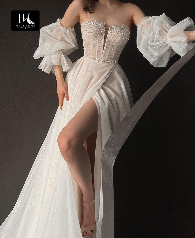 30527 - Plunging V-Neck Bohemian Wedding Dress with Short Sleeves and Beaded Details