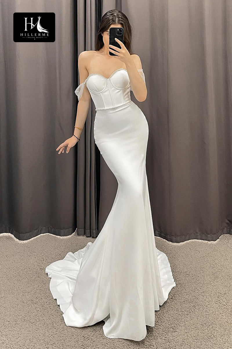 30526 - Sweetheart Neckline Beaded Mermaid Bridal Gown with Off-the-Shoulder Detail