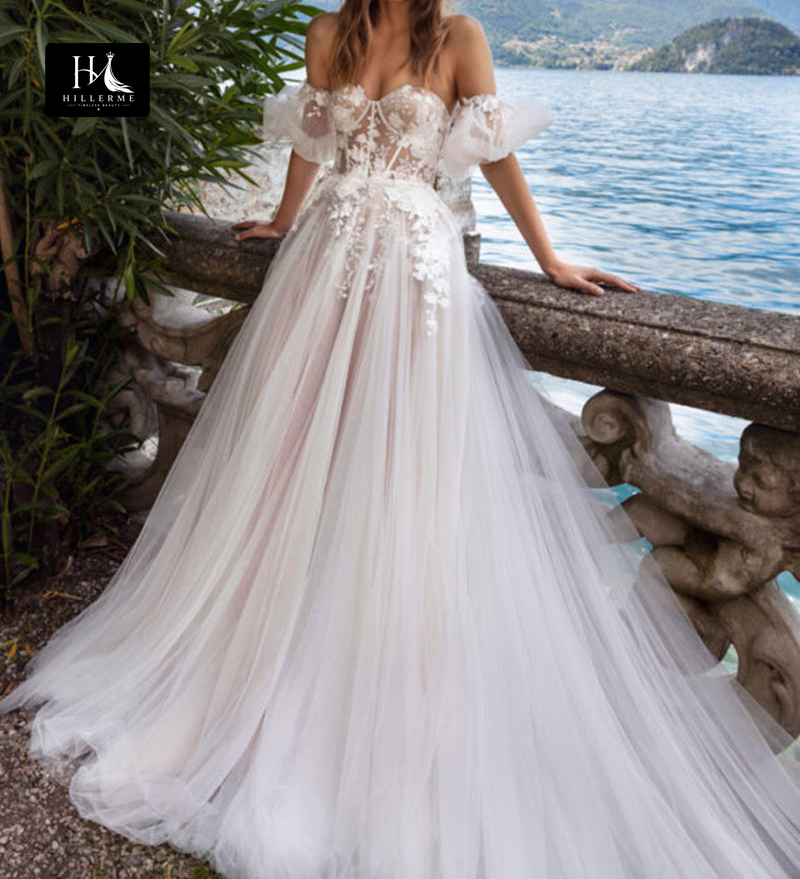 Bohemian A-line Wedding Dress with Sweetheart Neckline and Lace Appliqués
