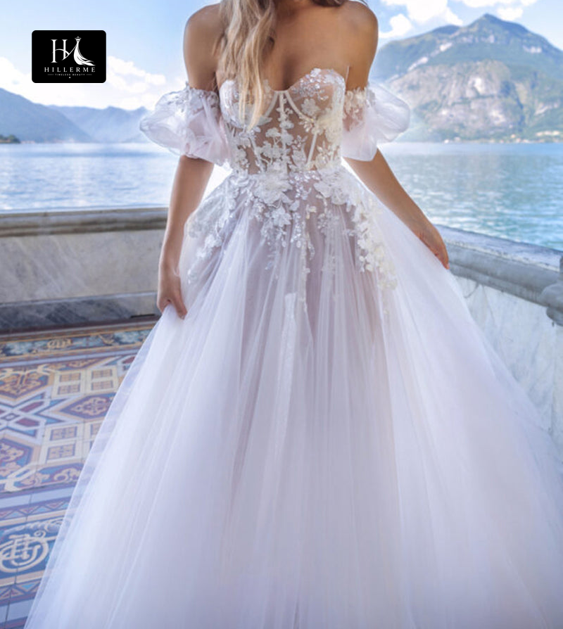 Bohemian A-line Wedding Dress with Sweetheart Neckline and Lace Appliqués