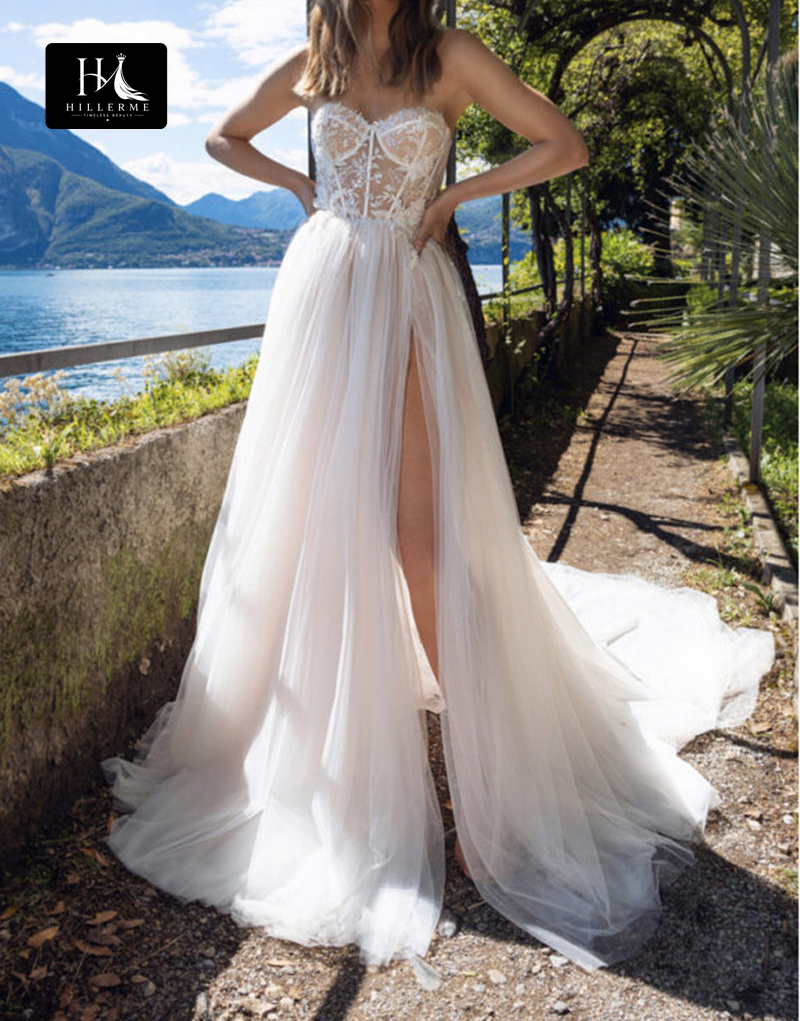 Bohemian A-Line Wedding Dress with Lace Appliqués and High Split
