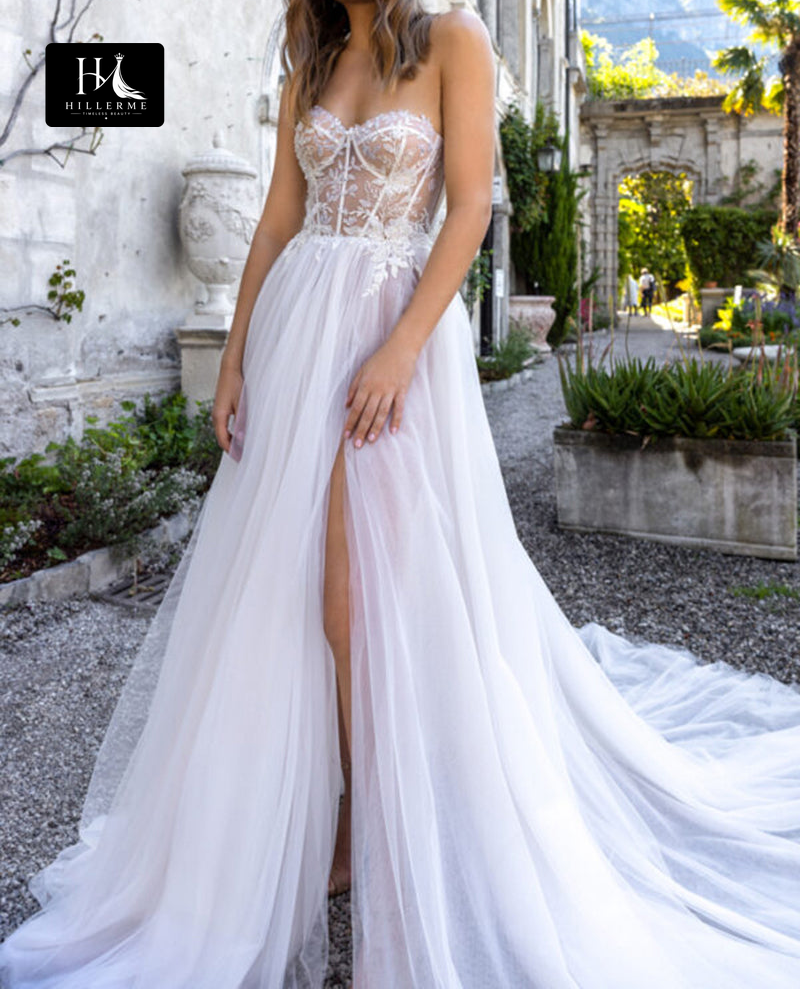 Bohemian A-Line Wedding Dress with Lace Appliqués and High Split