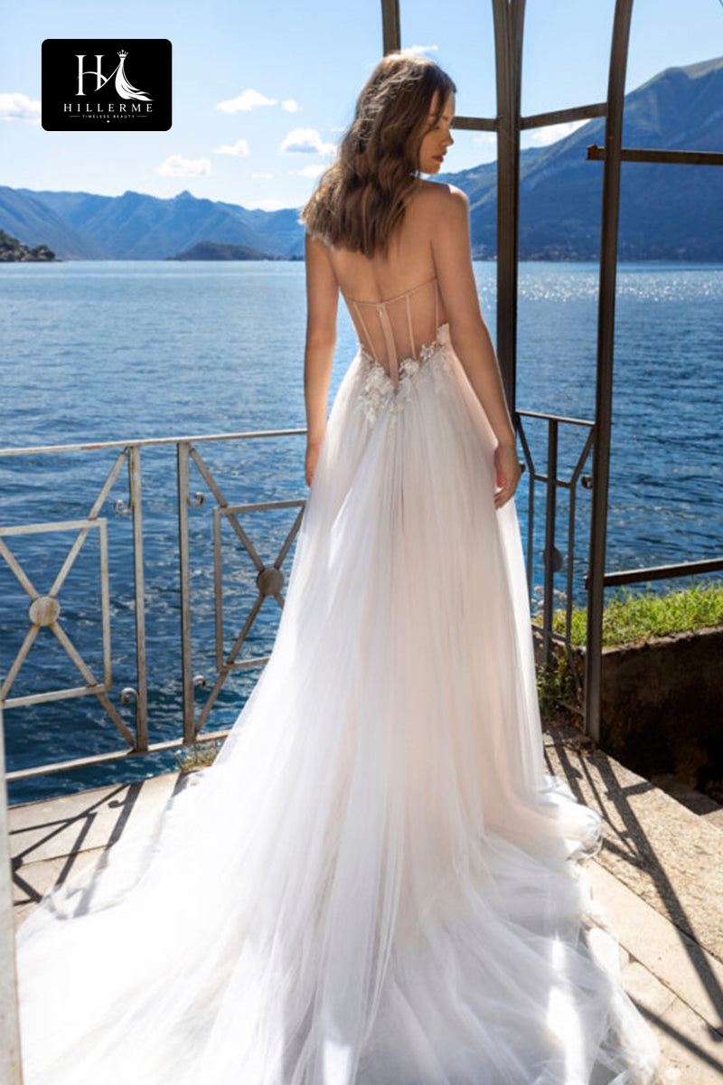 Bohemian A-Line Wedding Dress with Lace Appliqués and High Split