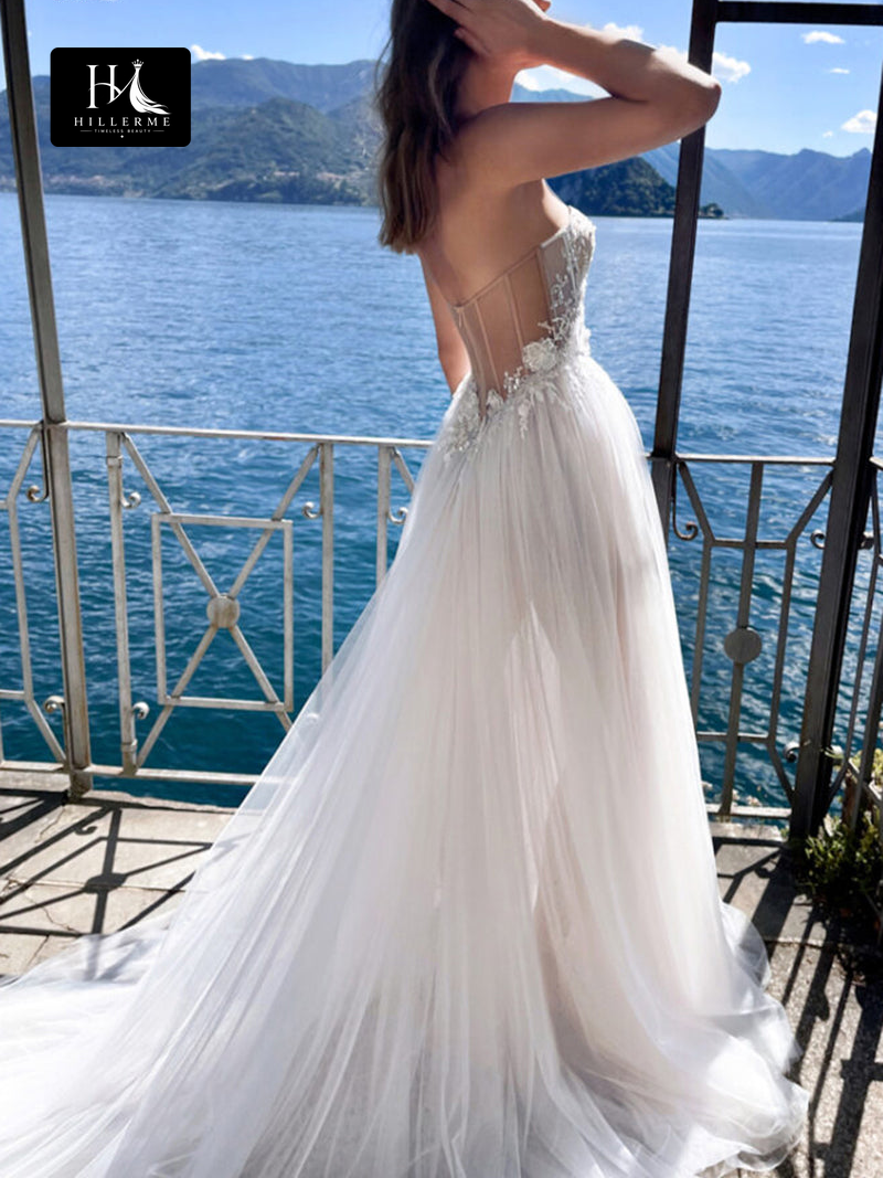 Bohemian A-Line Wedding Dress with Lace Appliqués and High Split