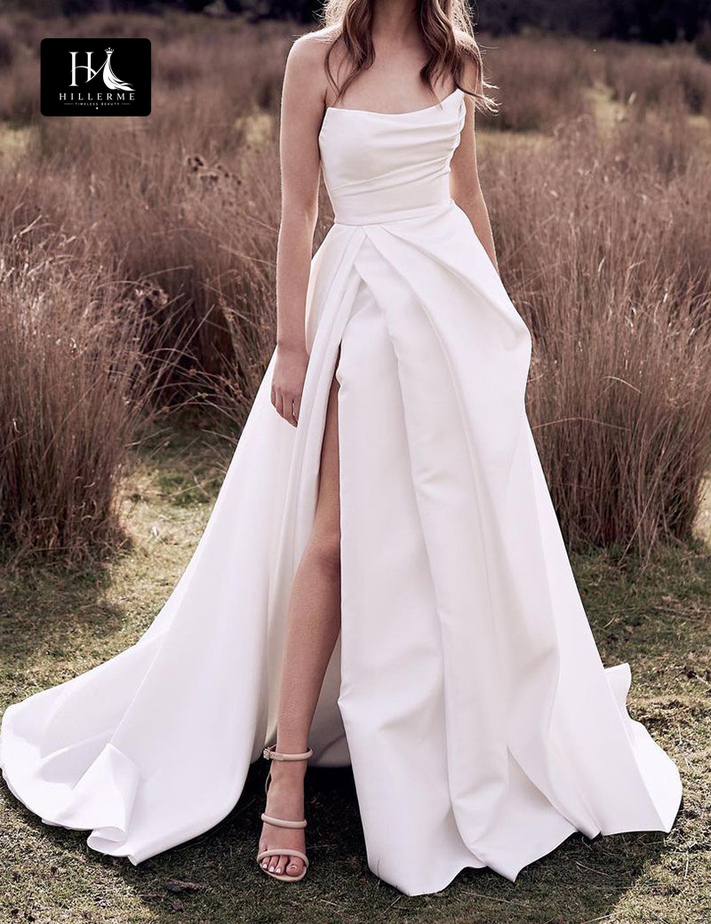 Strapless A-line Rustic Satin Bridal Gown with Pleated Side Slit