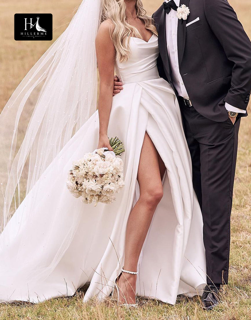 Strapless A-line Rustic Satin Bridal Gown with Pleated Side Slit