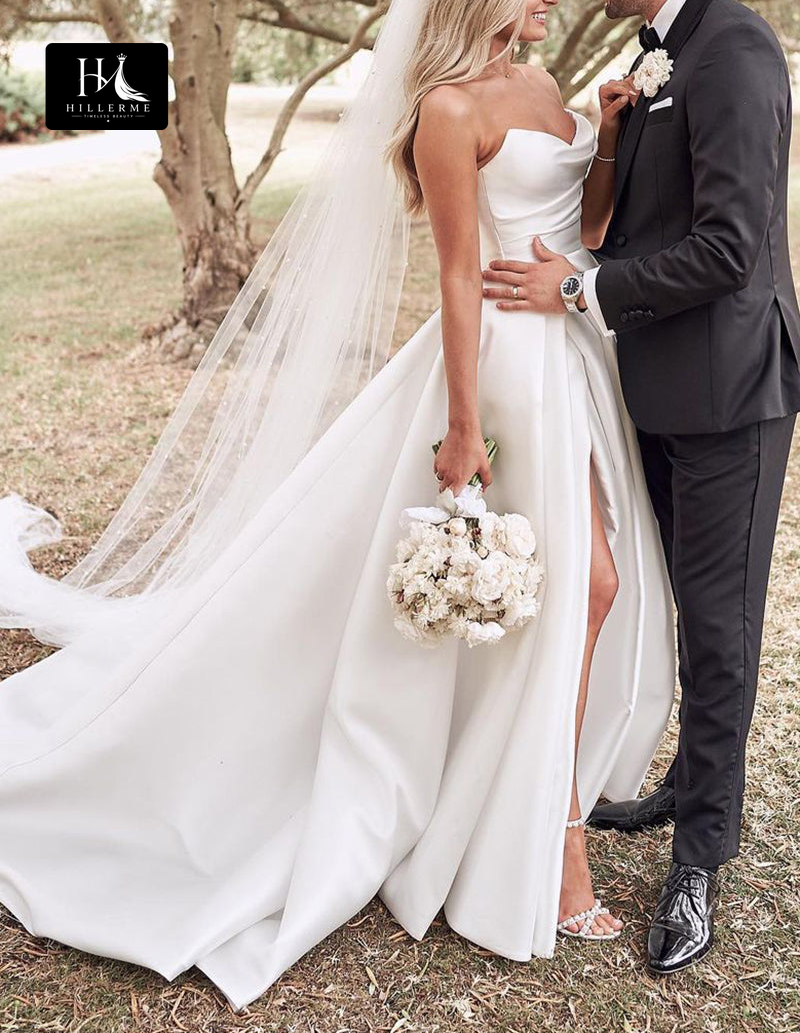 Strapless A-line Rustic Satin Bridal Gown with Pleated Side Slit