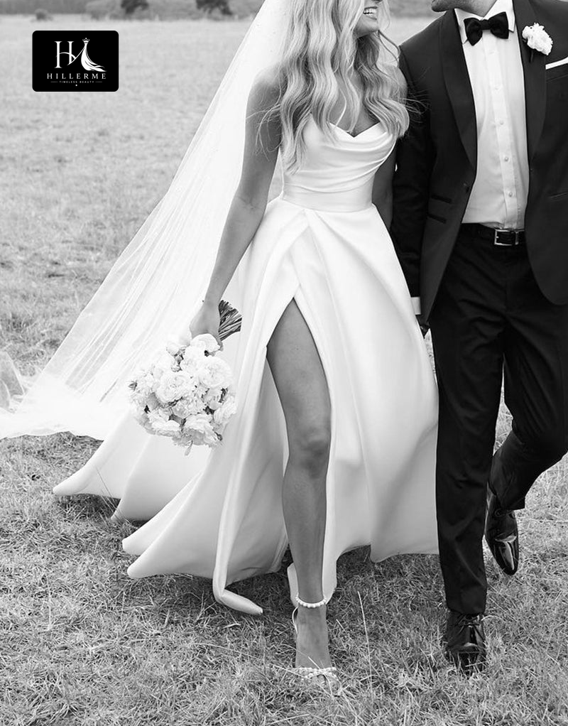 Strapless A-line Rustic Satin Bridal Gown with Pleated Side Slit