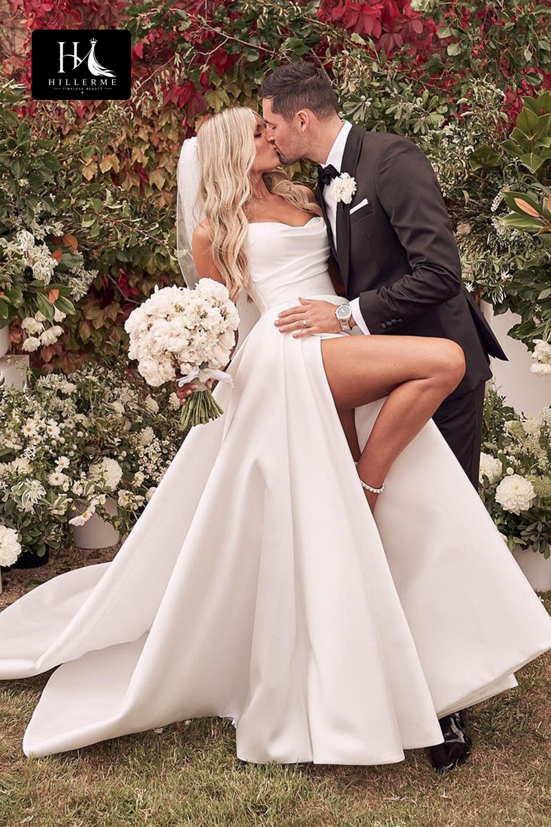 Strapless A-line Rustic Satin Bridal Gown with Pleated Side Slit