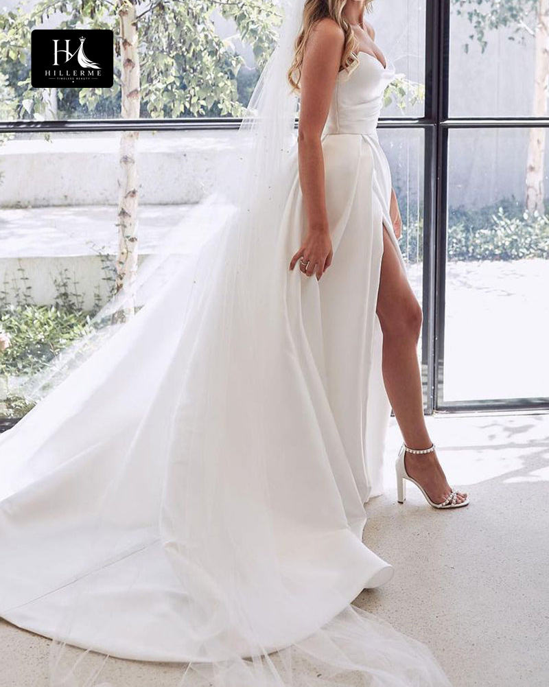Strapless A-line Rustic Satin Bridal Gown with Pleated Side Slit