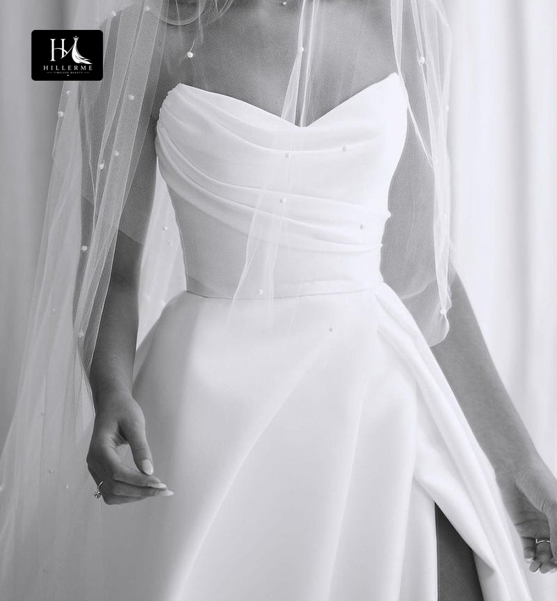 Strapless A-line Rustic Satin Bridal Gown with Pleated Side Slit