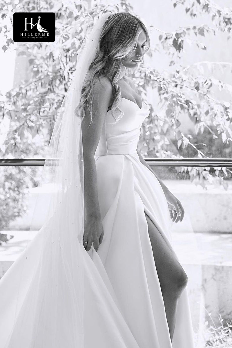 Strapless A-line Rustic Satin Bridal Gown with Pleated Side Slit